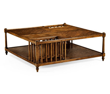 Country Walnut Square Coffee Table with Two Magazine Racks