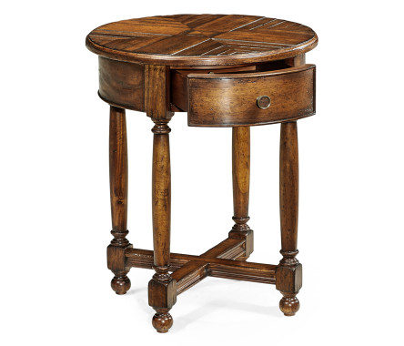 Country walnut parquet round side table with contrast inlay