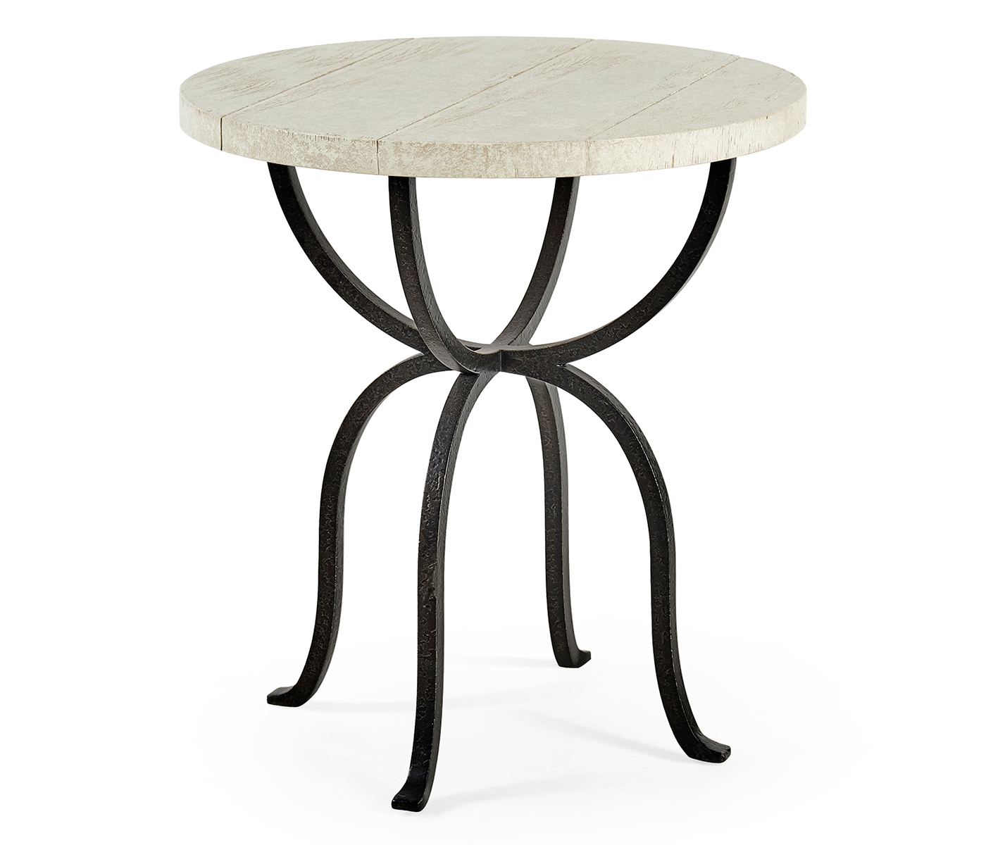Round Whitewash Driftwood Side Table with Wrought Iron Base