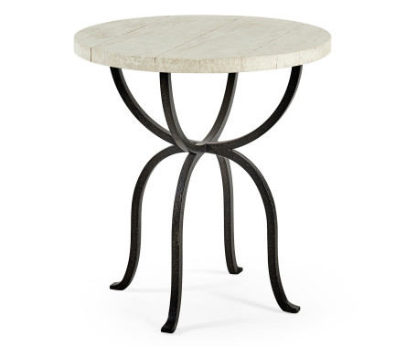 Round Whitewash Driftwood Side Table with Wrought Iron Base