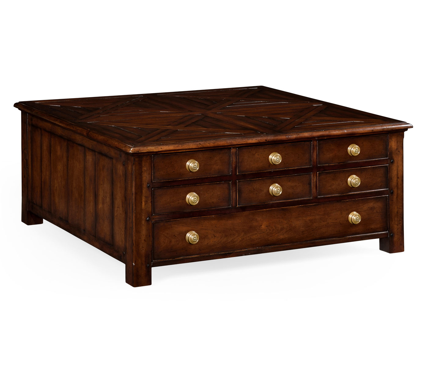 Square parquet coffee table with 14 drawers
