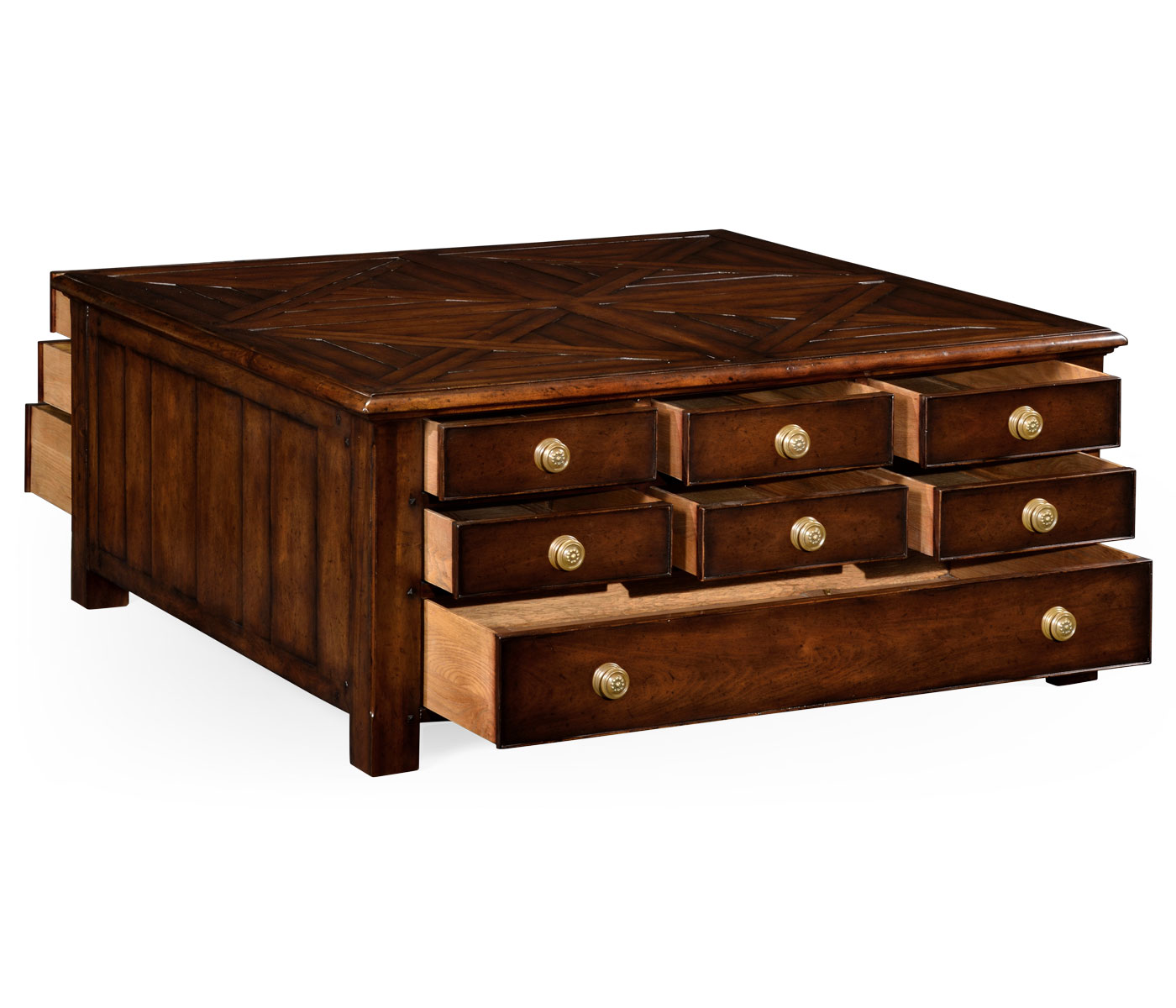 Square parquet coffee table with 14 drawers