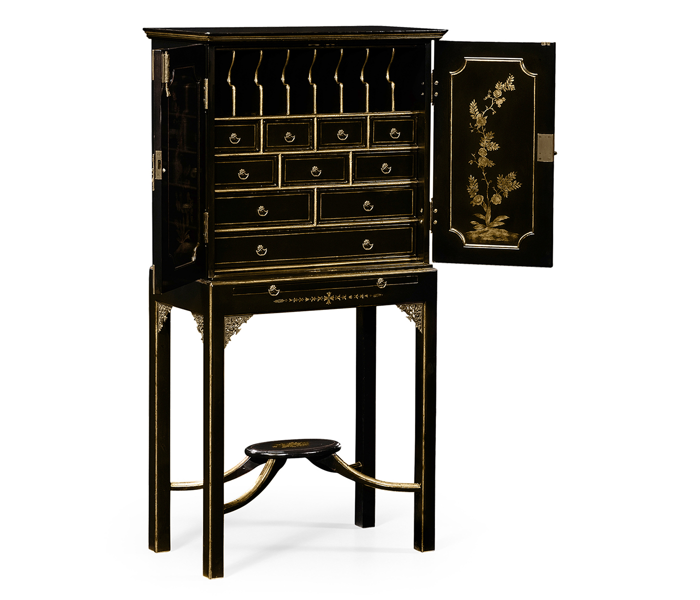 Small Black & Gold Chinoiserie Collectors Cabinet
