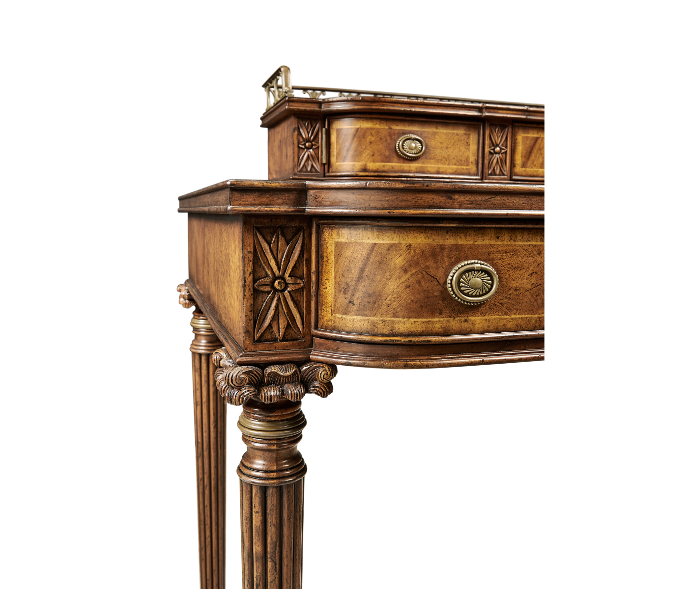 Crotch walnut buffet or serving table with brass gallery