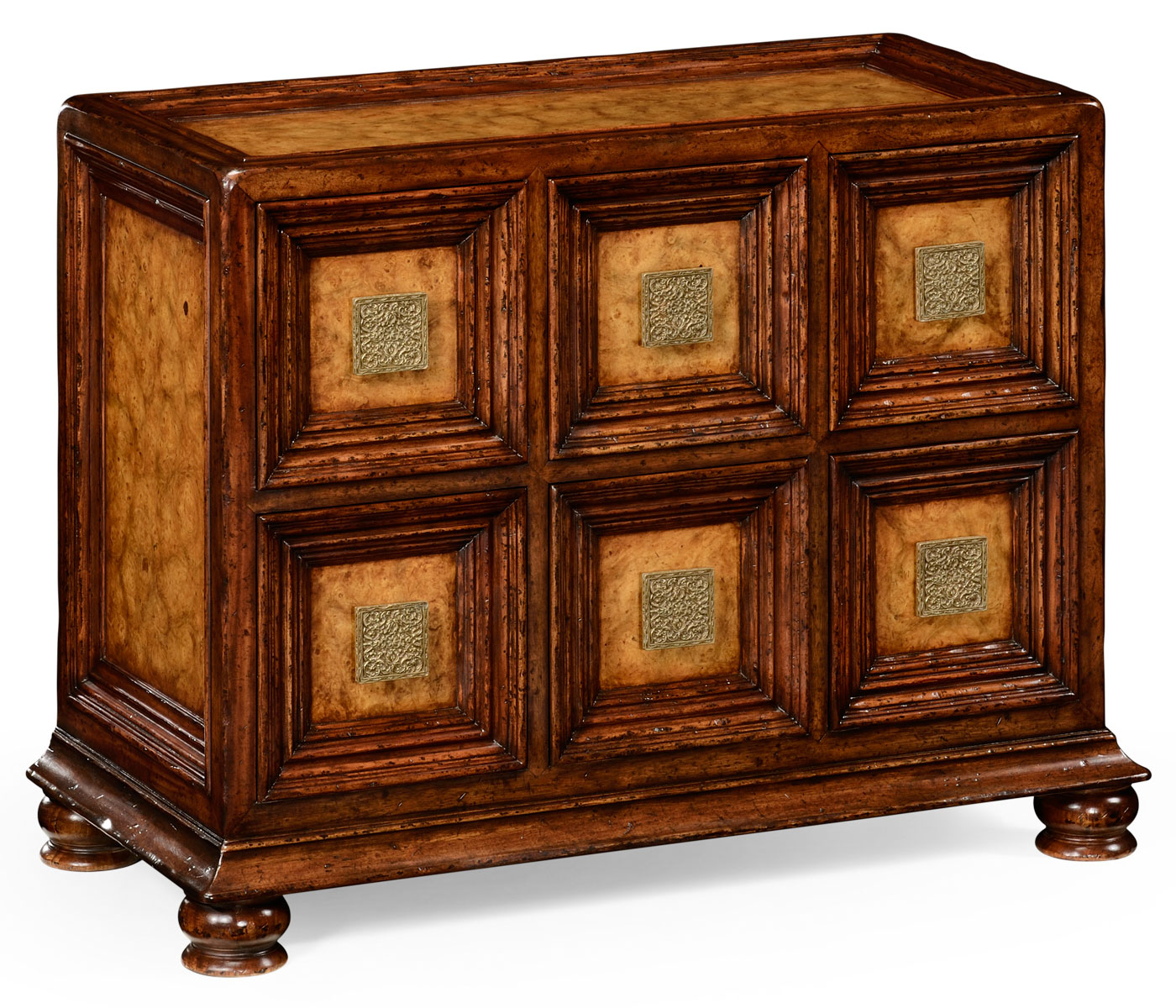 Distressed walnut six drawer chest with square brass handles