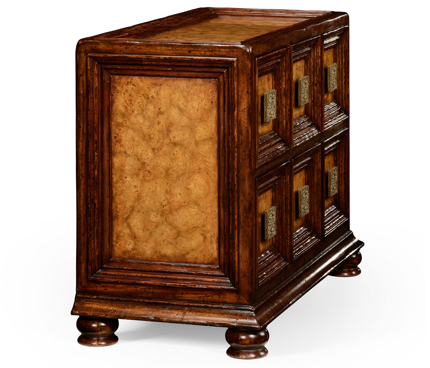 Distressed walnut six drawer chest with square brass handles