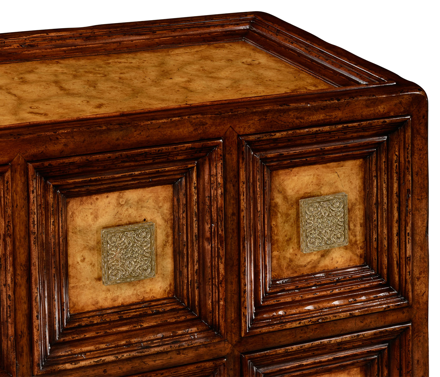 Distressed walnut six drawer chest with square brass handles