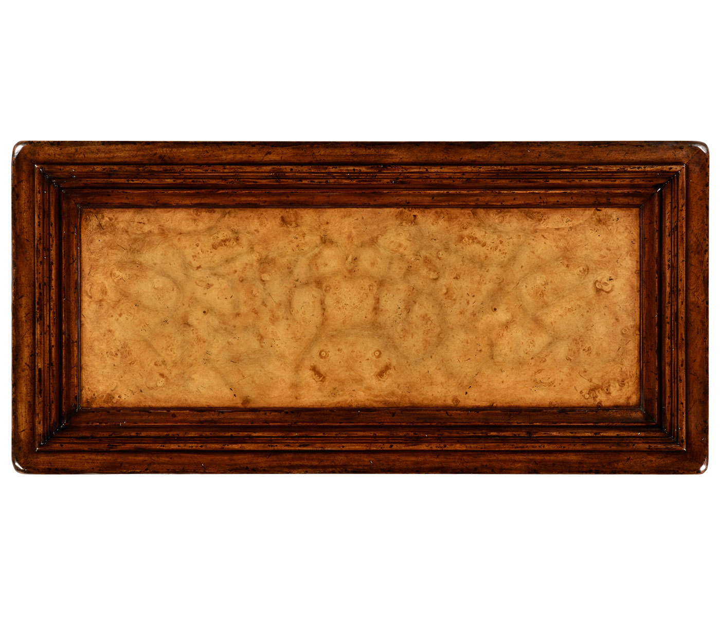 Distressed walnut six drawer chest with square brass handles