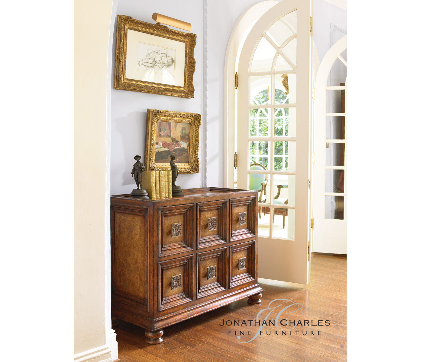 Distressed walnut six drawer chest with square brass handles