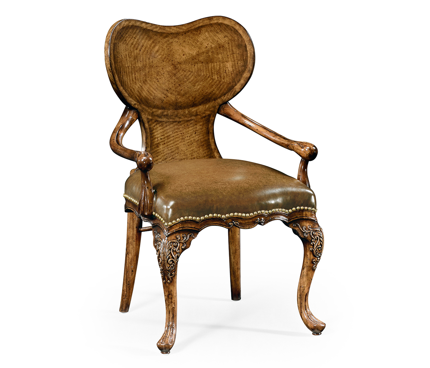 George I style walnut kidney desk chair with medium antique chestnut leather