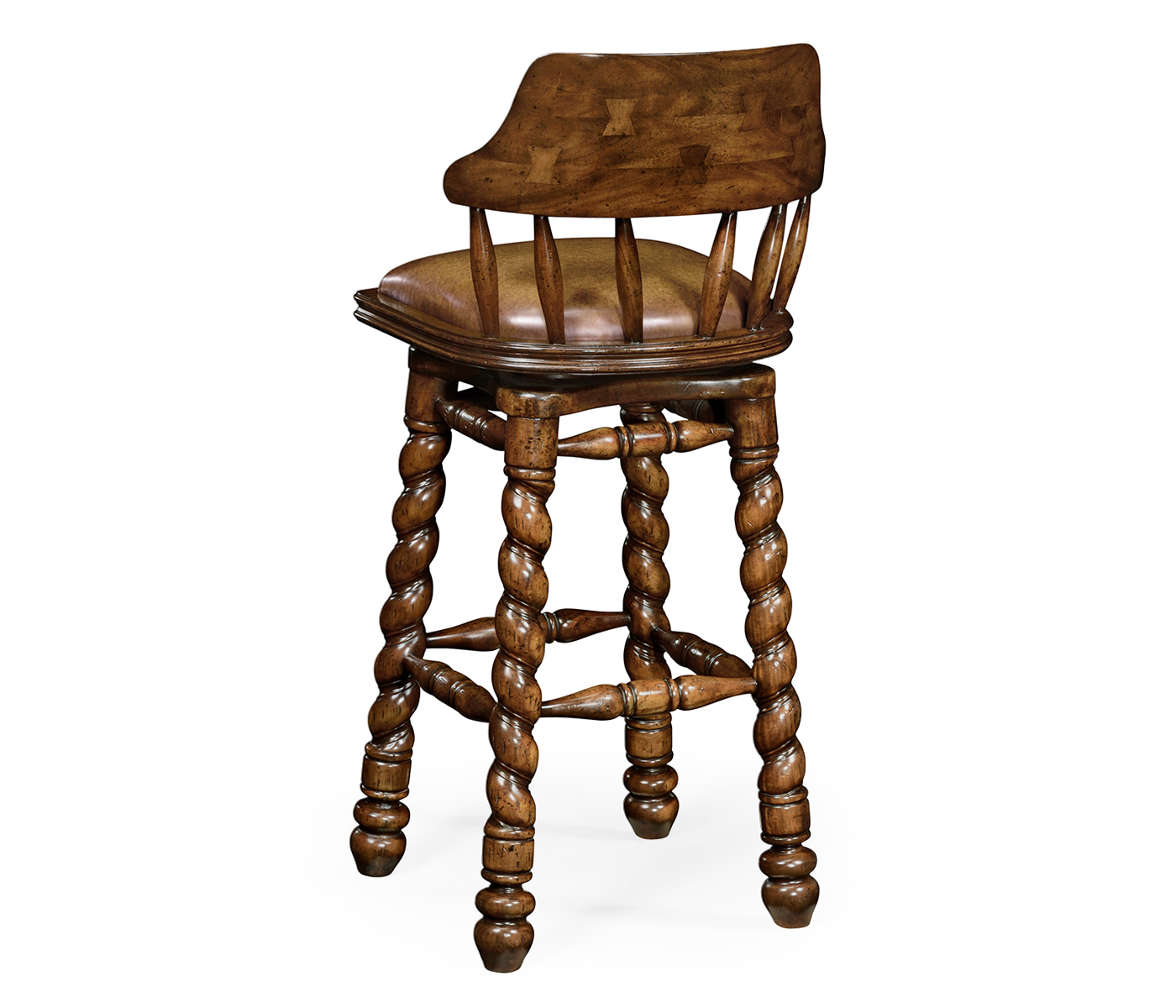 Country style walnut leather barstool with barley twist legs