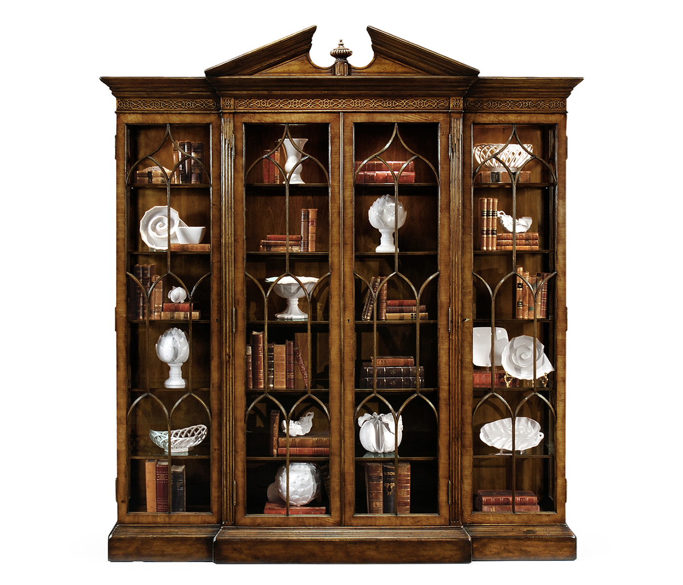 Triple Breakfront Walnut Display Cabinet with Pediment