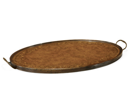 Oval Burl Walnut Tray with Floral Inlay