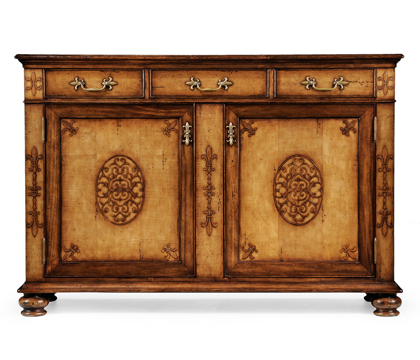 Raised veneer two door cabinet with three drawers