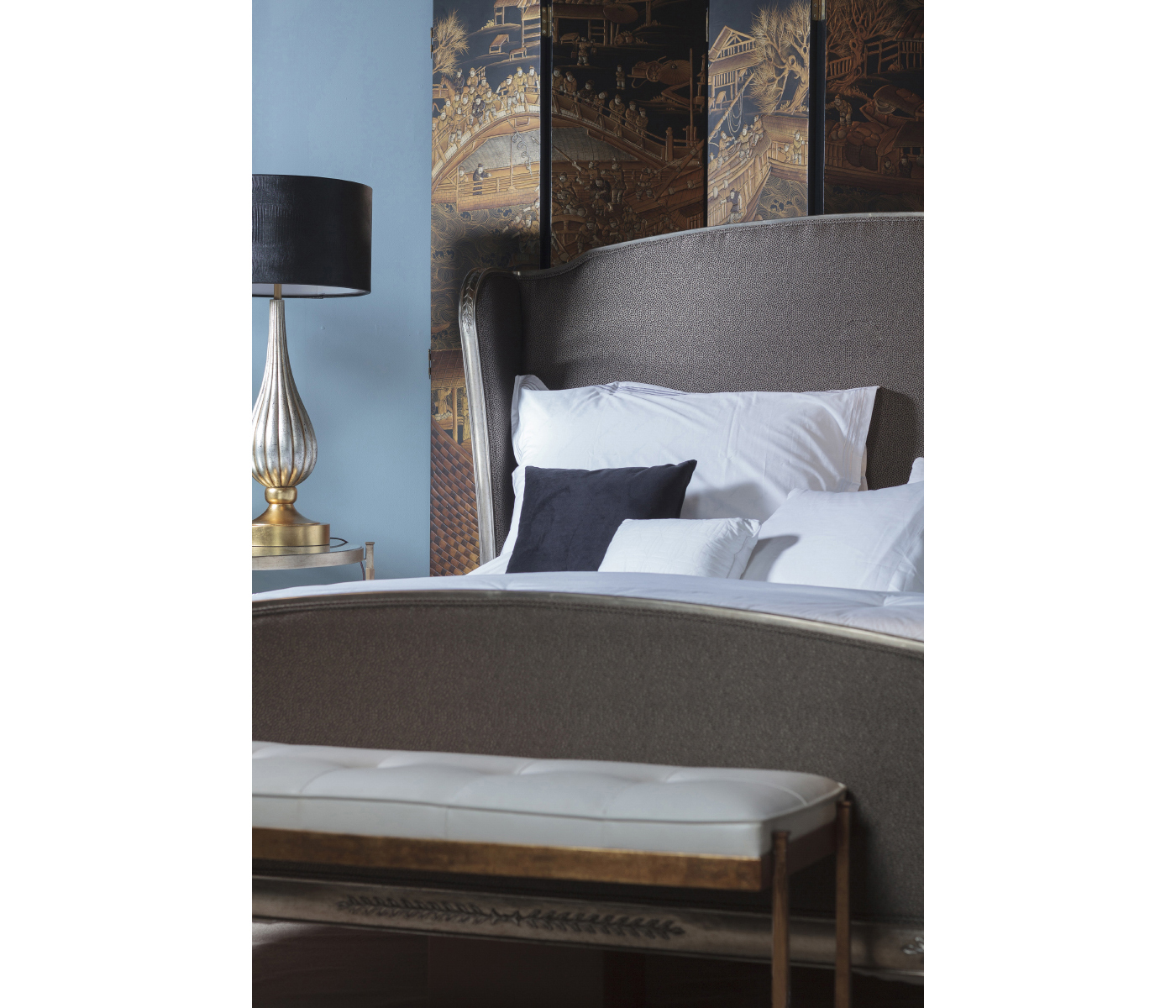 Silver Iron & Cream Leather Bench