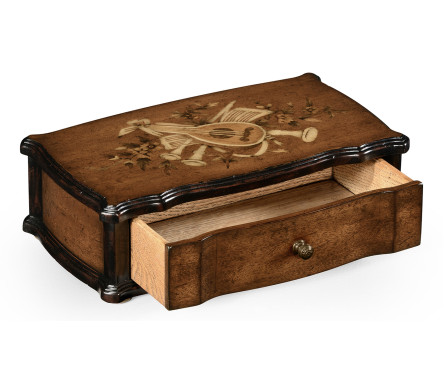 Mahogany Lidded Box with Musical Instrument Design Inlay
