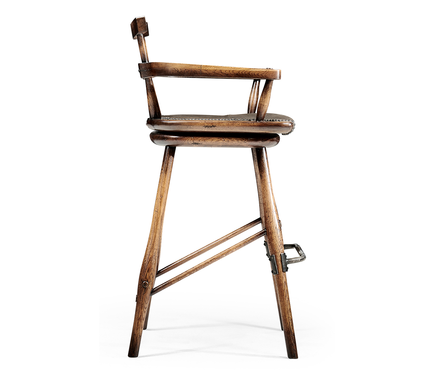 Dark Brown Oak Arm Bar Stool with Studded Haven Leather Seat