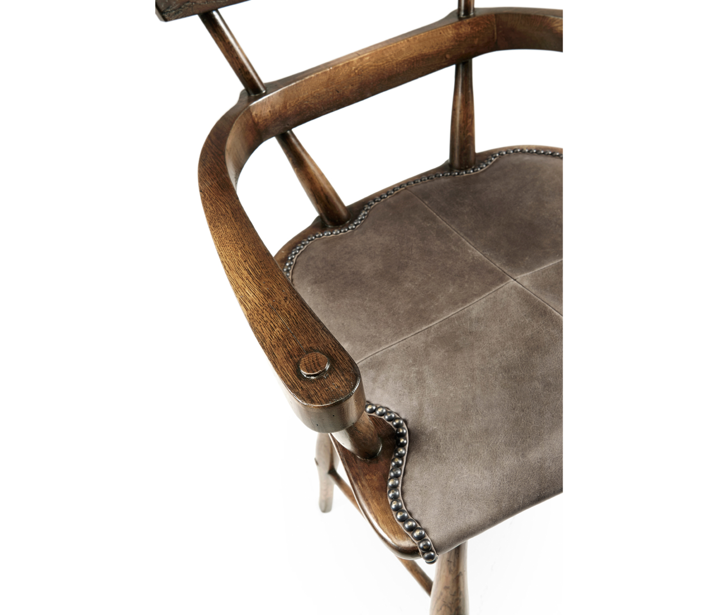Dark Brown Oak Arm Bar Stool with Studded Haven Leather Seat