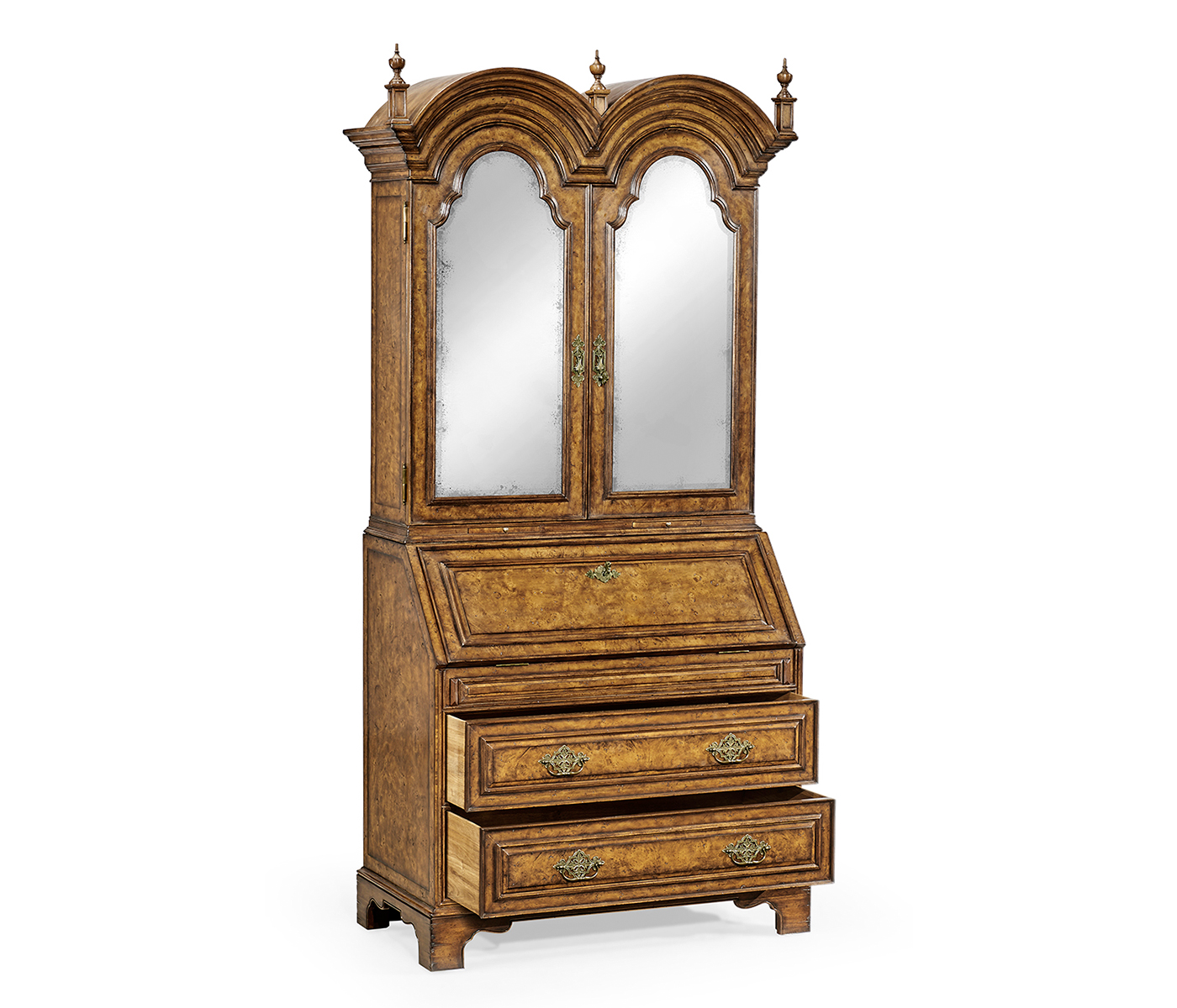 Queen Anne pollard veneer bureau cabinet with mirrored doors