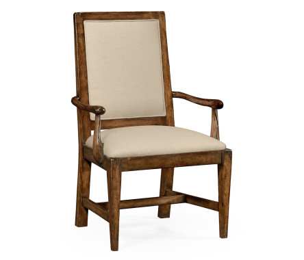 Rustic Walnut Upholstered Arm Chair with Lattice Back