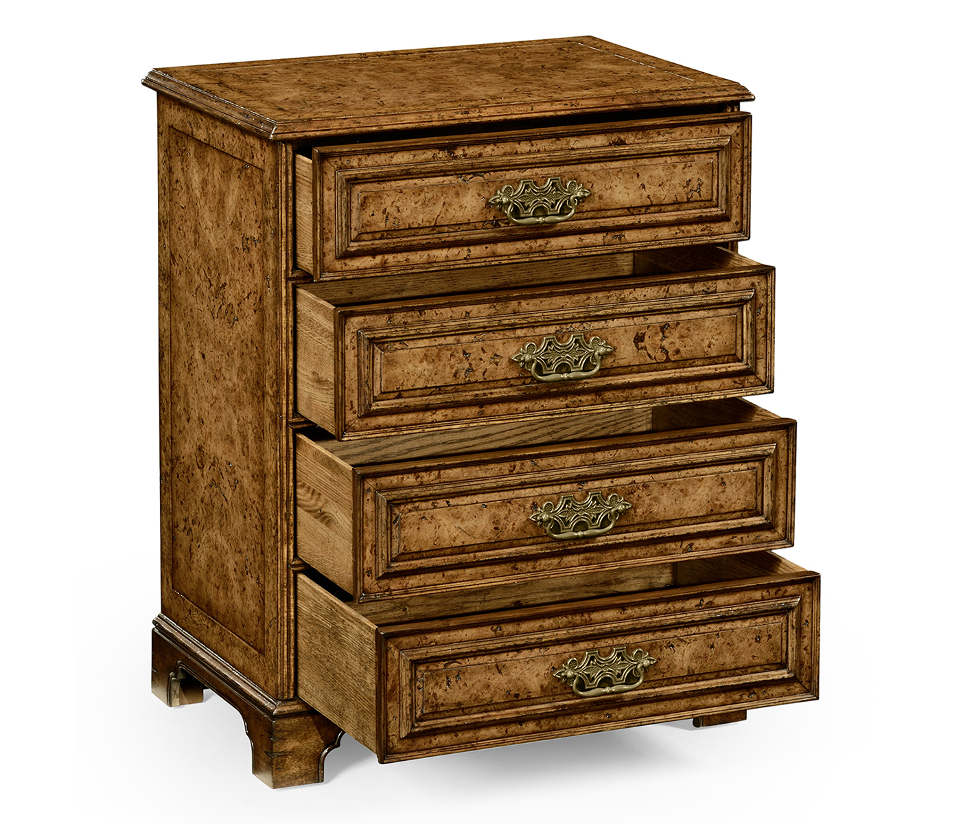 George II style burl oak chest of four drawers