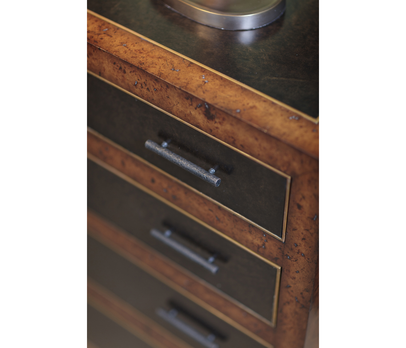 Rustic burl oak and leather chest of four drawers