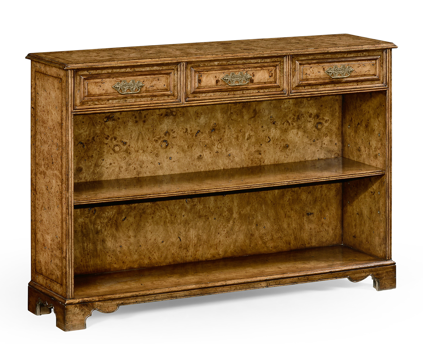 George II style burl oak bookcase with drawers