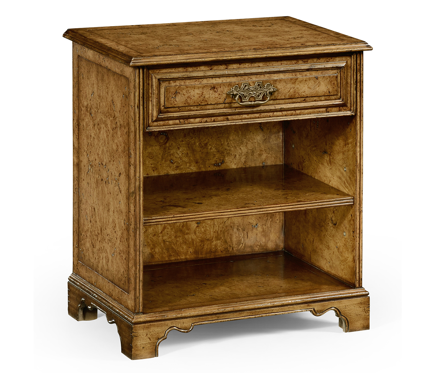 George II style burl oak beside table with drawer