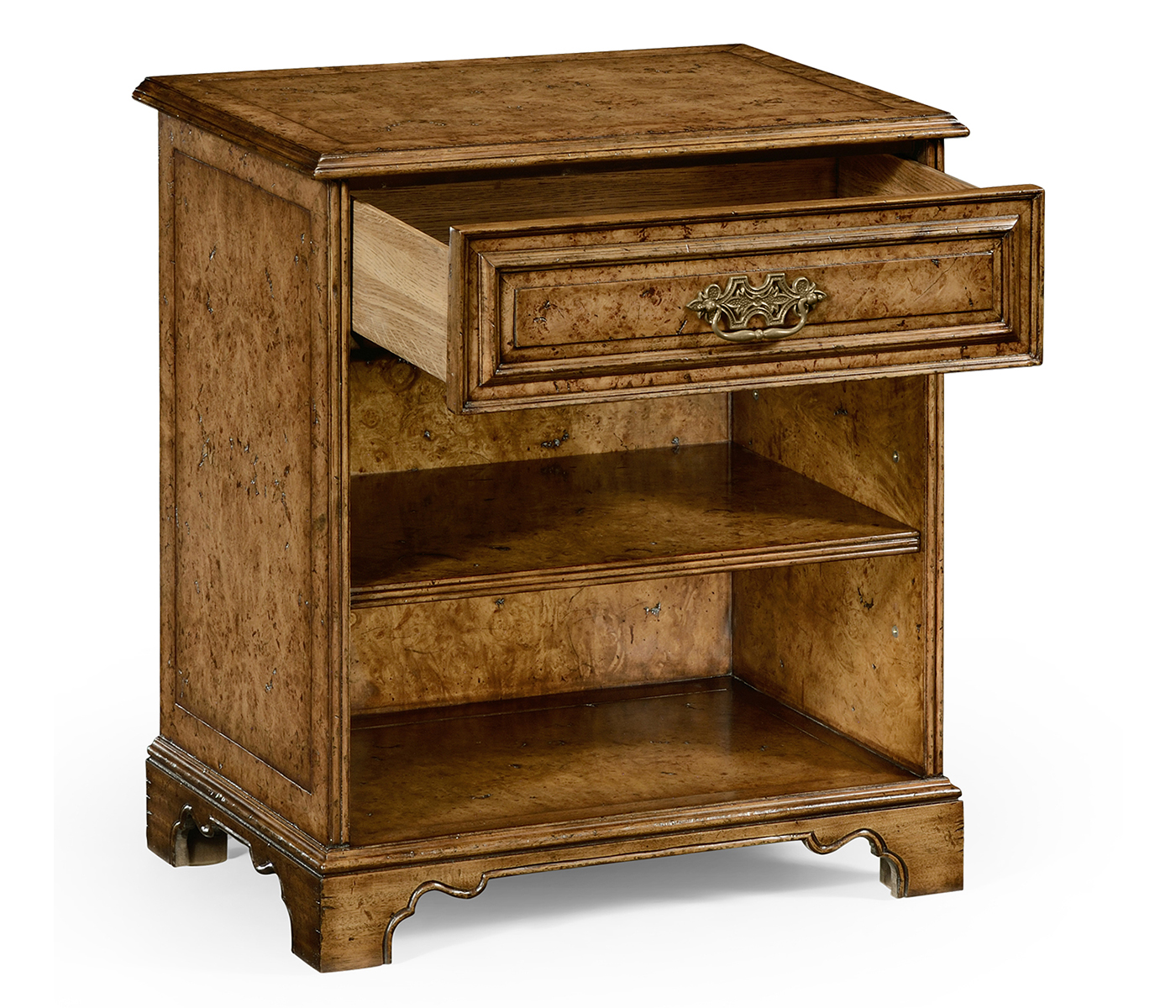 George II style burl oak beside table with drawer