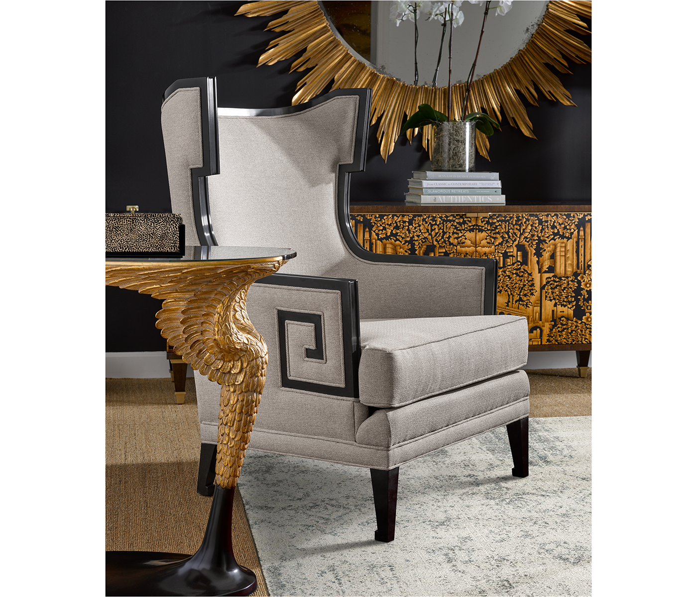 Greek Key Design Biedermeier Black Arm Chair