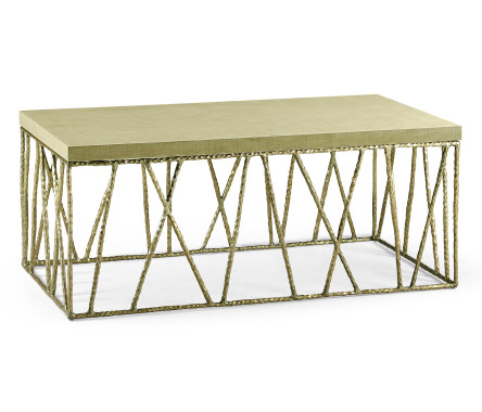 Hammered Light Brown Brass Coffee Table with Celadon Top