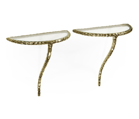 Brass hammered pair wall bracket tables