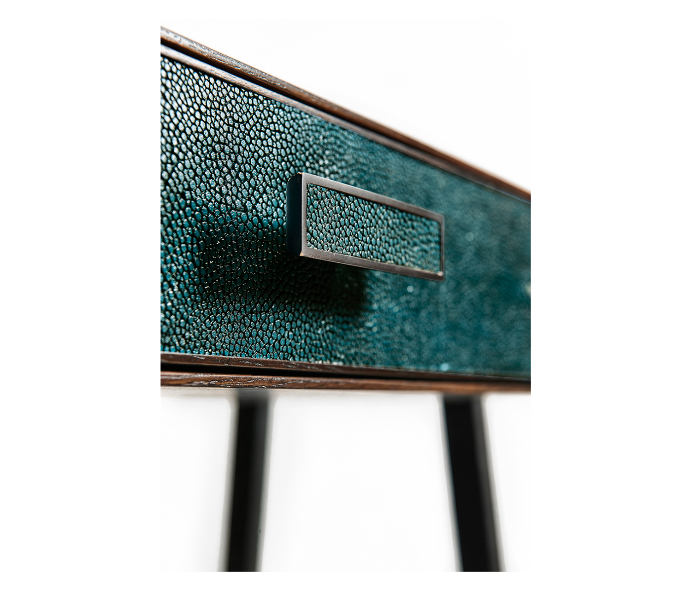 Teal Faux Shagreen and Bronze Legged Console