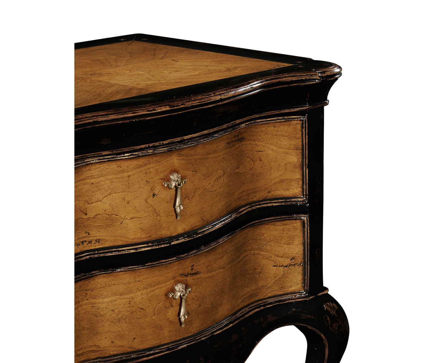 French style black painted and cherry bedside chest