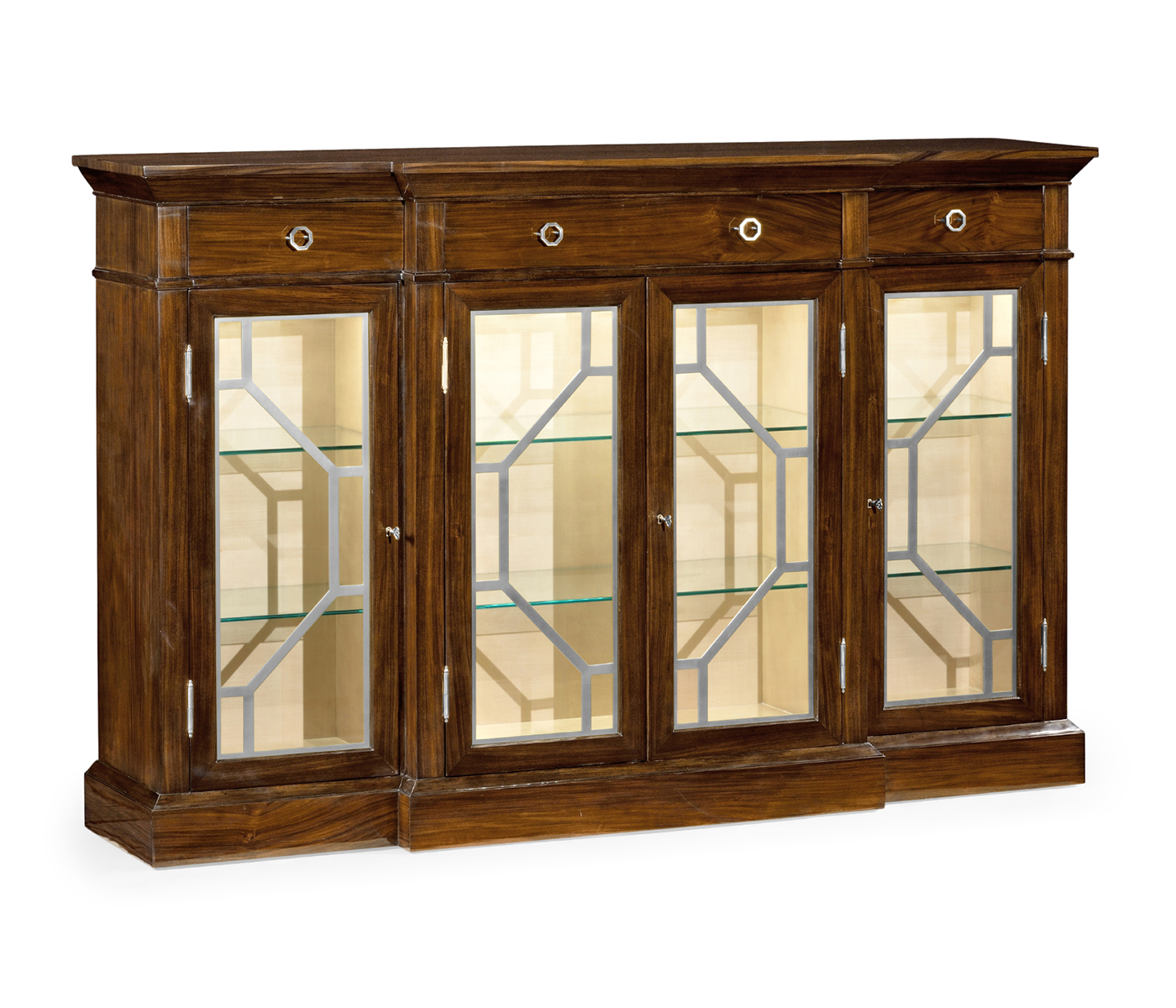 4-door breakfront display cabinet with stainless steel details, satin