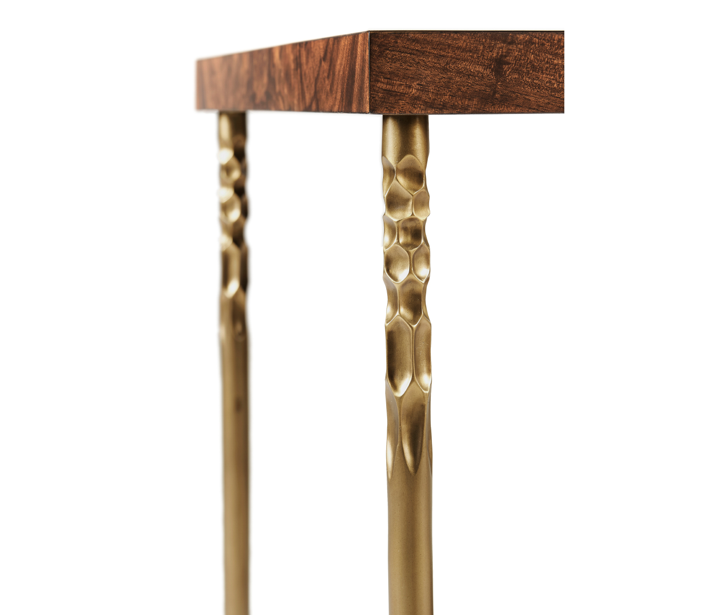 Square side table in Tropical walnut crotch with brass base