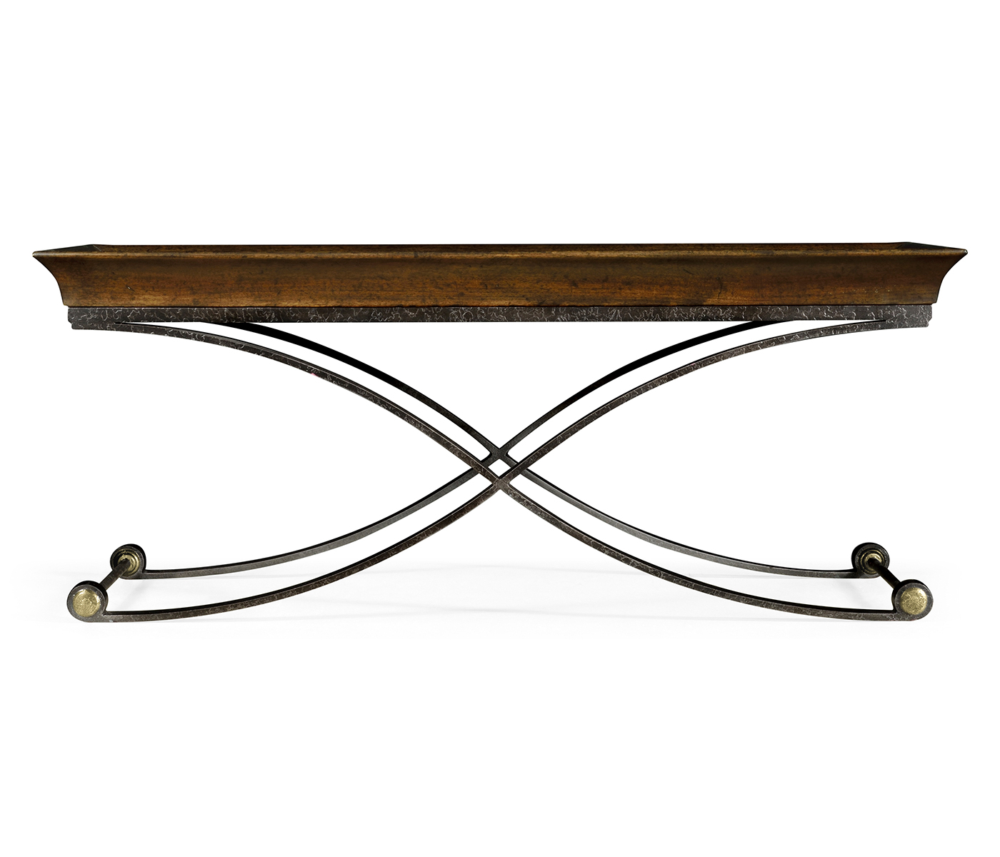 Brown mahogany coffee table with antique iron base