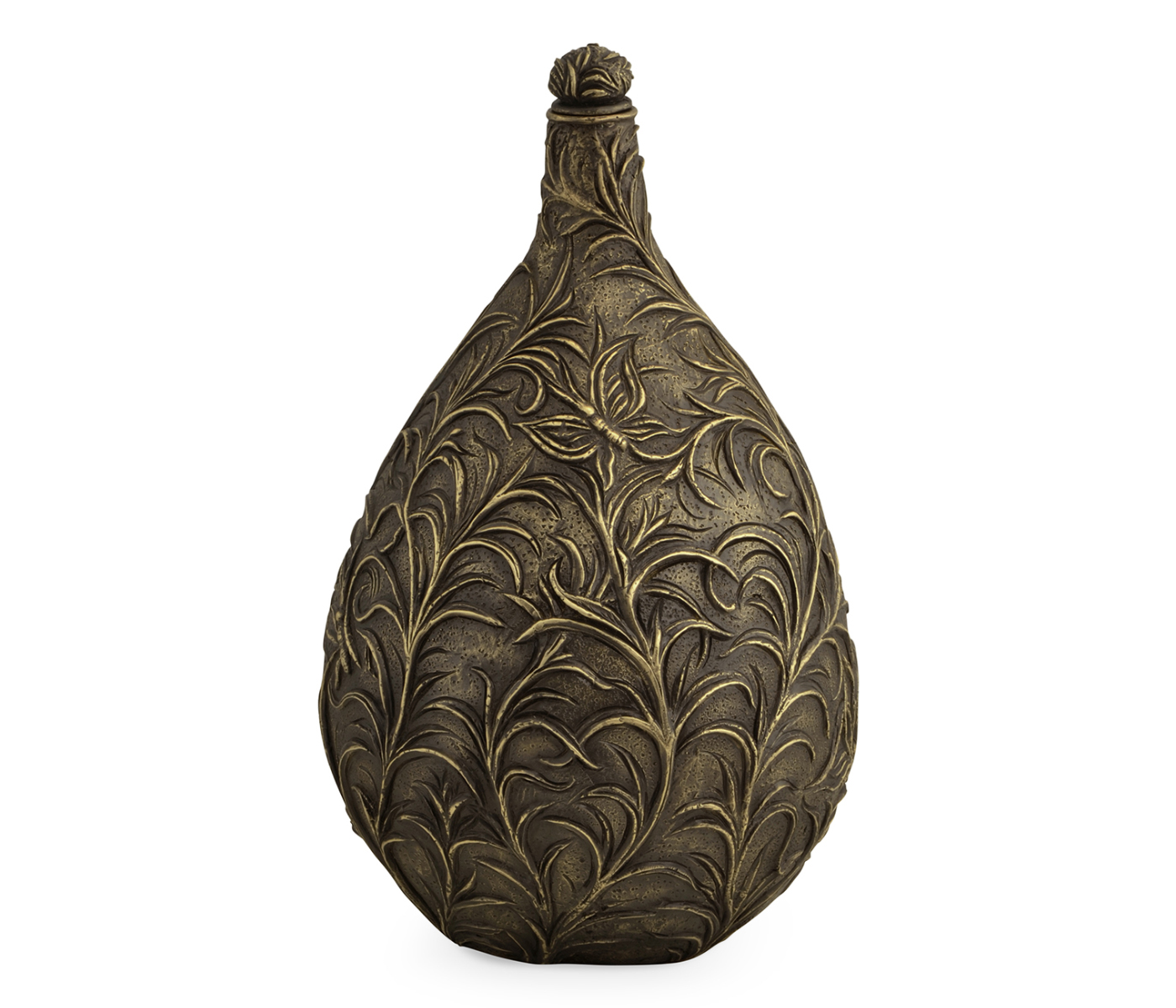 Small Antique Light Black Brass Vase with Swirl & Butterfly Carvings