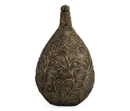 Small Antique Light Black Brass Vase with Swirl & Butterfly Carvings