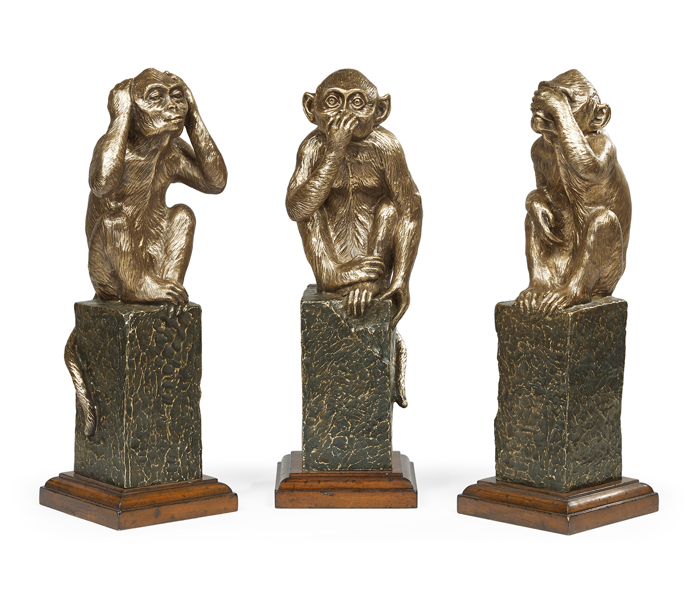 Three Antique Light Brown Brass Wise Monkeys