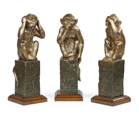 Three Antique Light Brown Brass Wise Monkeys