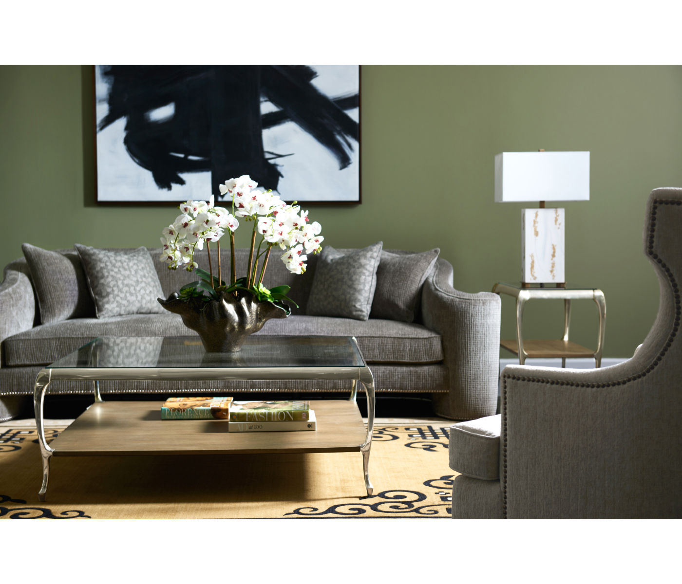 Square Rivoli Walnut & White Stainless Steel Cocktail Table with Clear Glass Top