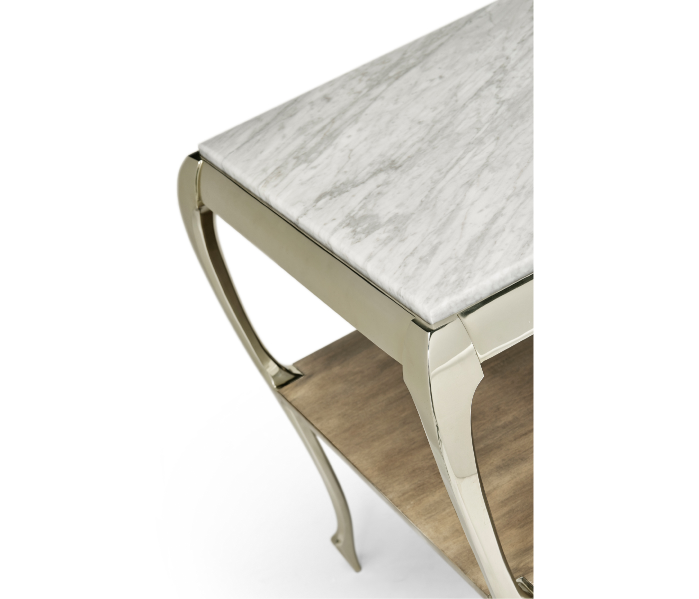 Square Rivoli Walnut & White Stainless Steel End Table with White Carrara Marble Top