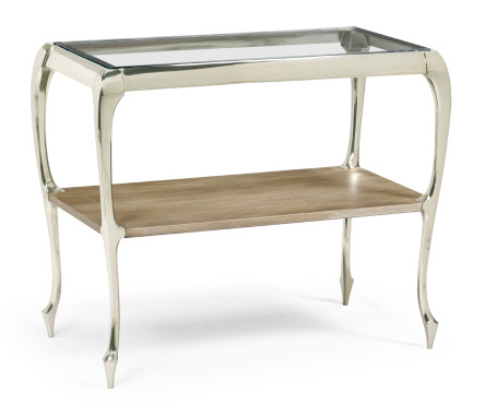 Short Rivoli Walnut & White Stainless Steel Console Table with Clear Glass Top