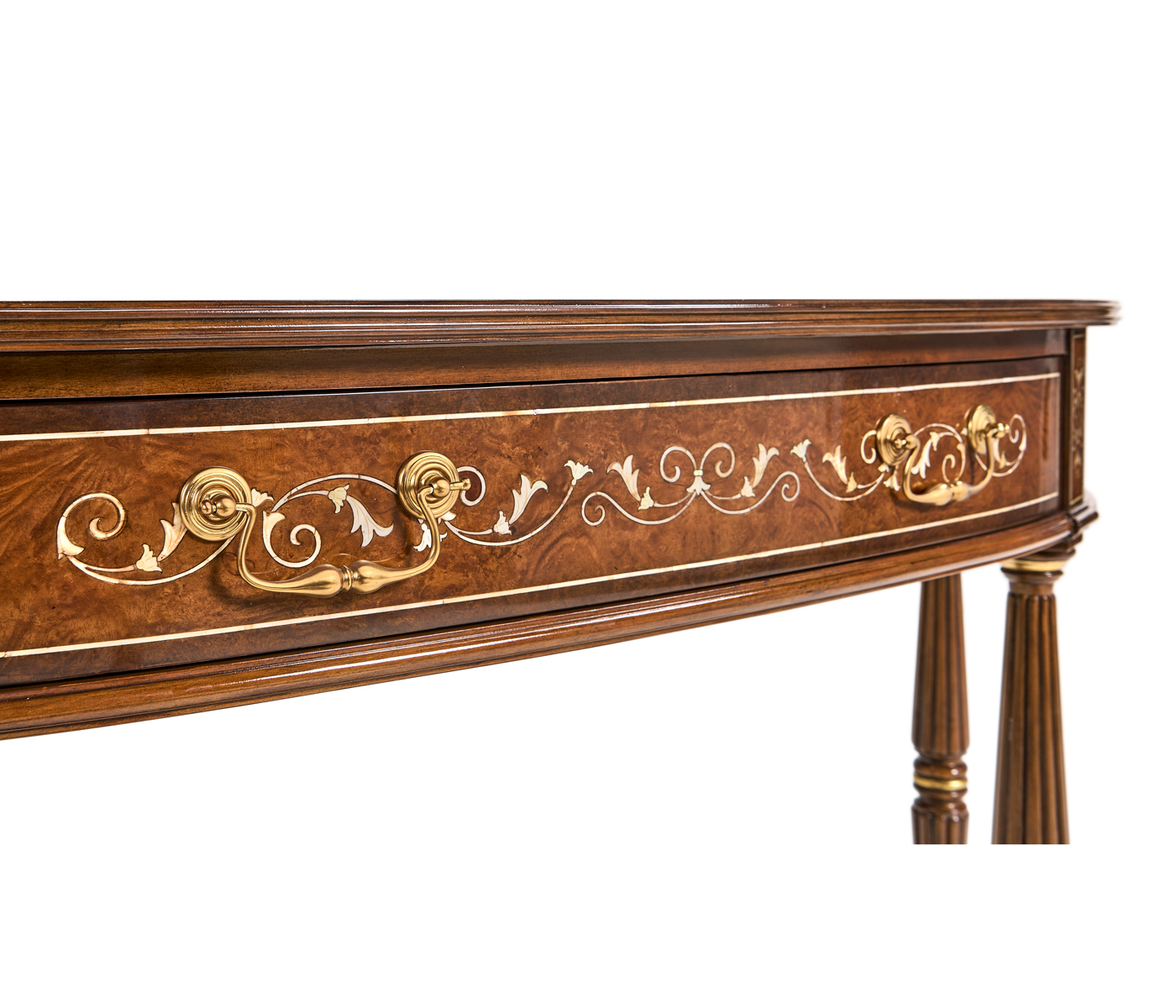 Burl and mother of pearl inlaid demilune console