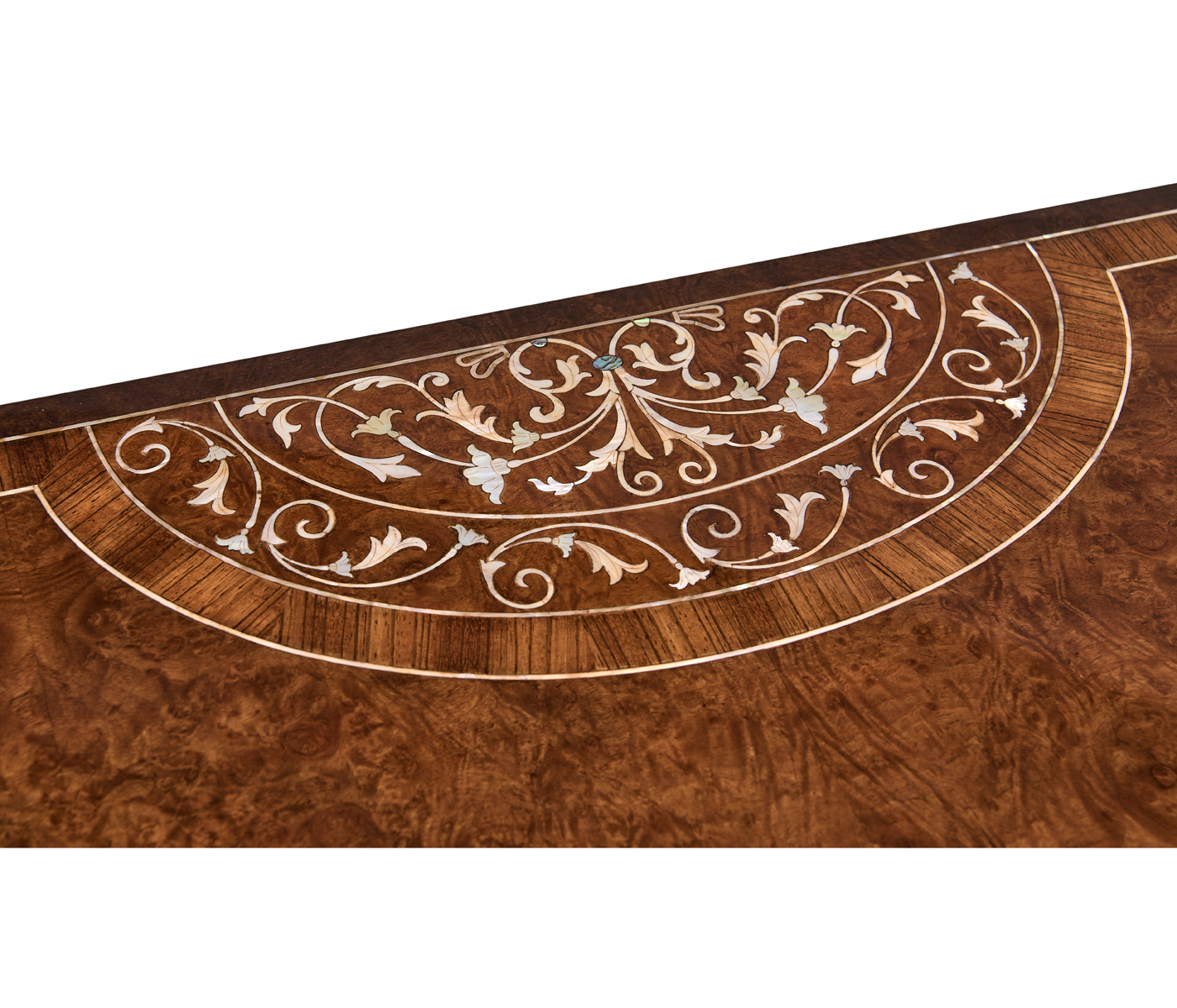 Burl and mother of pearl inlaid demilune console