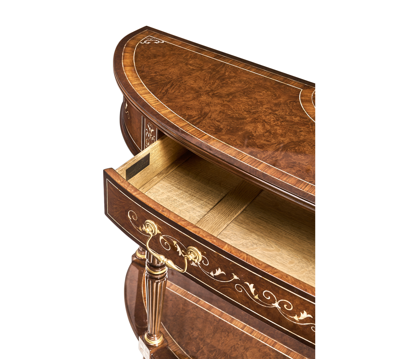 Burl and mother of pearl inlaid demilune console