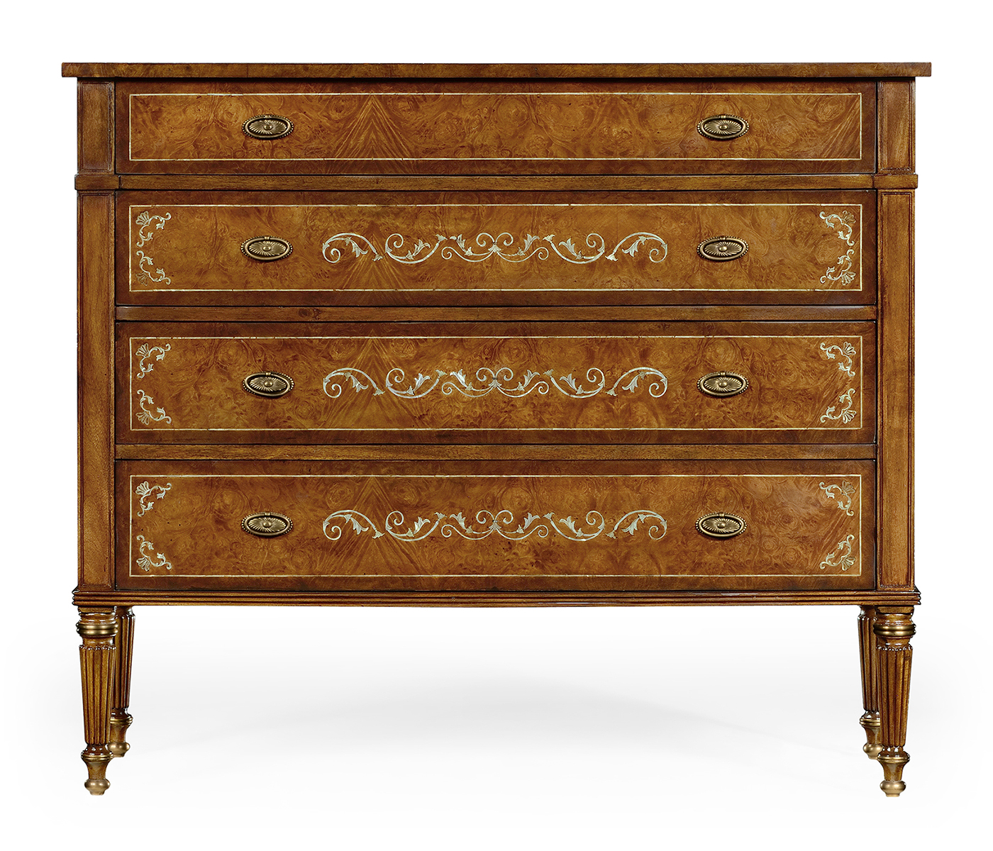 Burl and mother of pearl inlaid chest of drawers