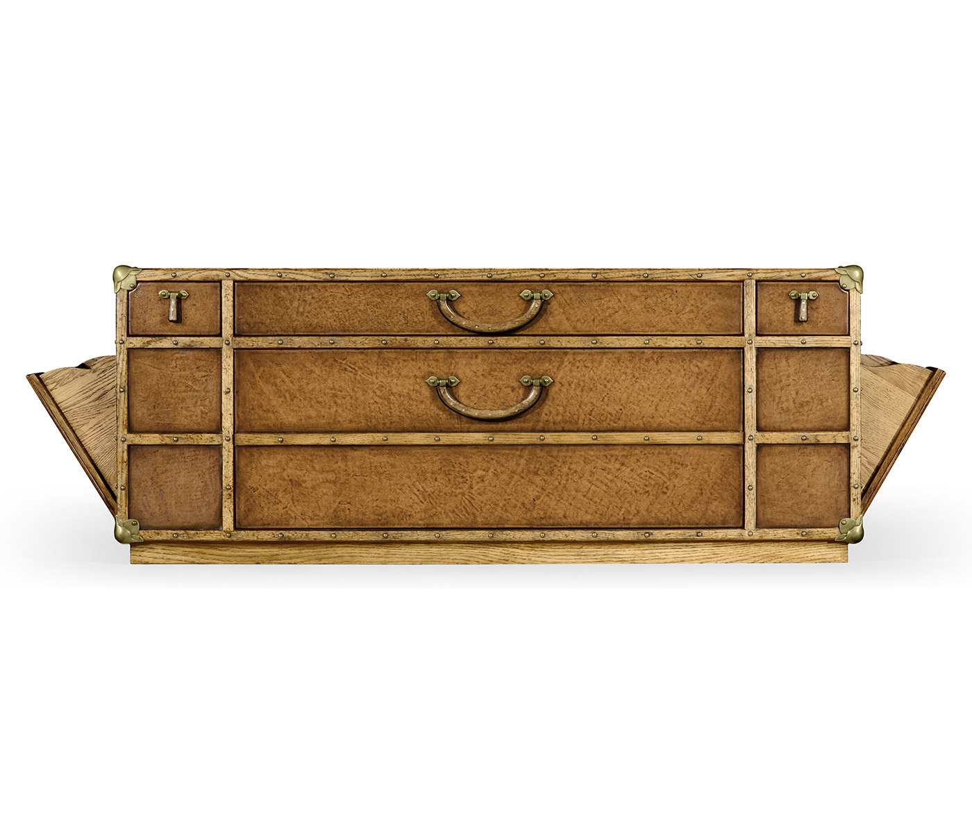 Travel trunk style coffee table with storage and brown leather