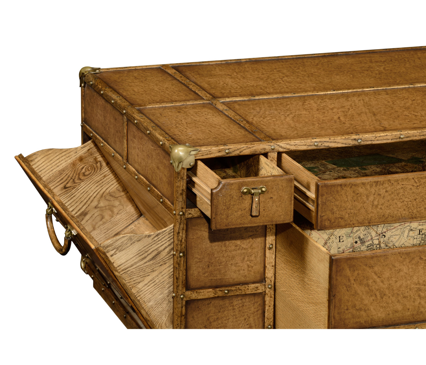 Travel trunk style coffee table with storage and brown leather